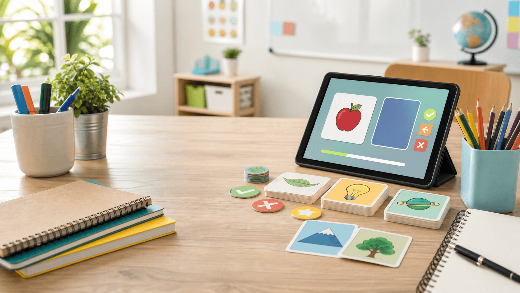 Classroom desk with flash cards and a tablet activity
